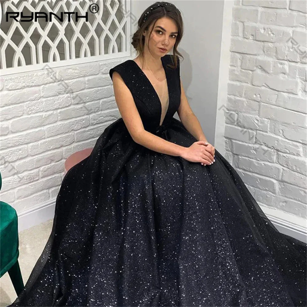 Deep V-Neck Evening Dress A-Line Prom Gown Dress Women Sleeveless Sparkly Celebrity Dress vestidos de noche Special Event 2024