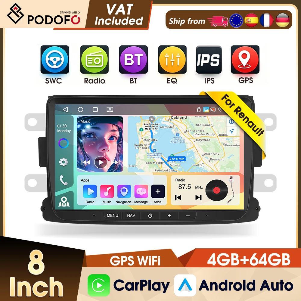 Podofo 8-Zoll-Autoradio für Renault Sandero Captur Plumero Lada Xray 4+64G Kabelloses CarPlay Android Auto Autoradio Stereo WIFI GPS EQ FM RDS