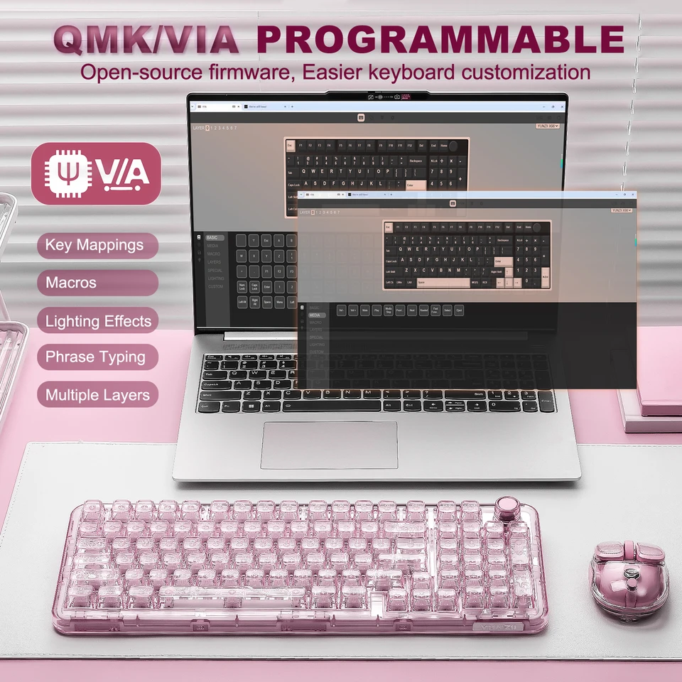 YUNZII X98 ピンク QMK/VIA ワイヤレス透明 RGB キーボード、ホット