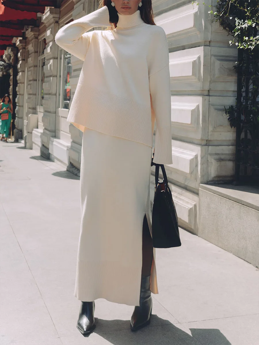 

FDYOUI вязаное платье-свитер, комплект из двух предметов, женский комплект 2021, осень-зима, водолазка, пуловер, топы + юбки с разрезом, белые одинаковые комплекты