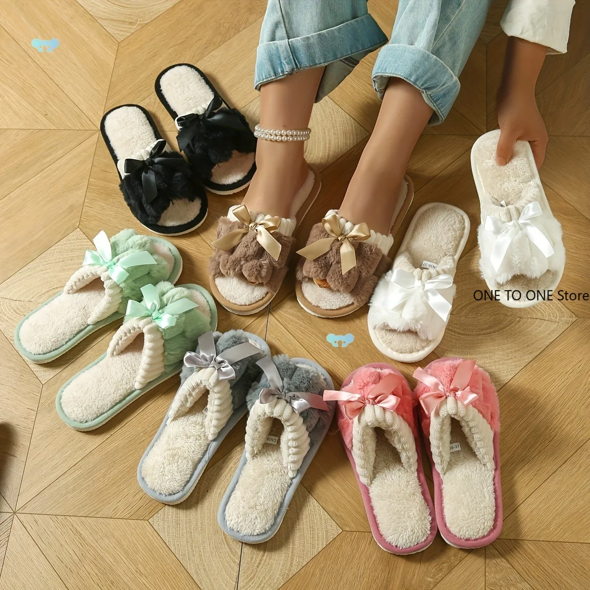 

Wholesale Women Fashion Indoor Plush Bow Slippers Females New Lovely Bowknot Slides Men Home Cute Warm Fluffy Light Sandals NEW