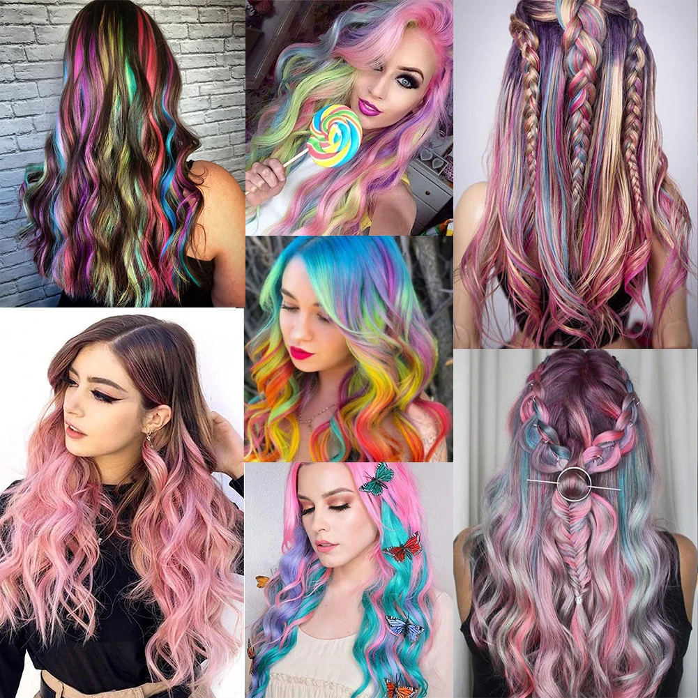 Extensiones de Cabello sintético con Clip para mujer, extensiones de cabello ondulado rizado de colores, reflejos de fiesta, postizos largos y rizados, 10 unids/lote por paquete