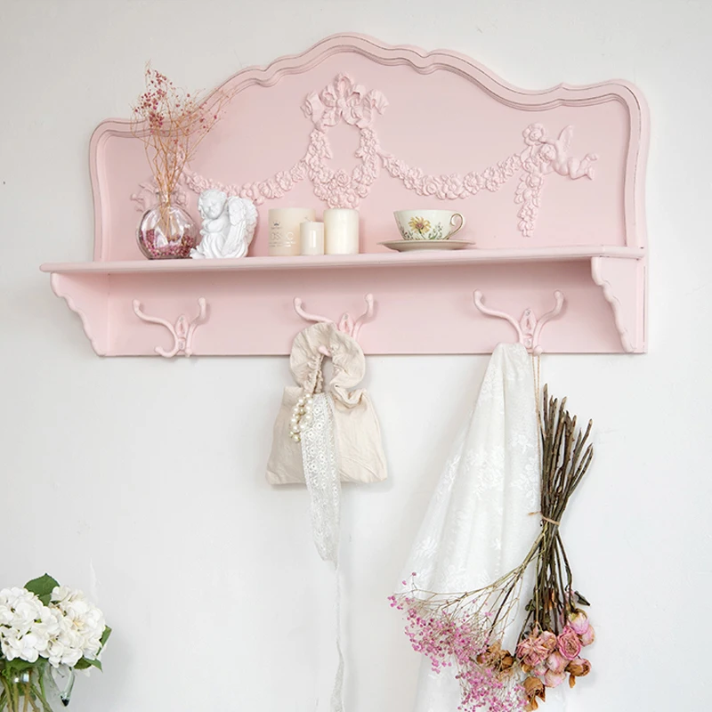 French Retro Pink Wood Porch Bedroom Entryway Living Room Wall Shelf Coat Hat Rack with Hooks