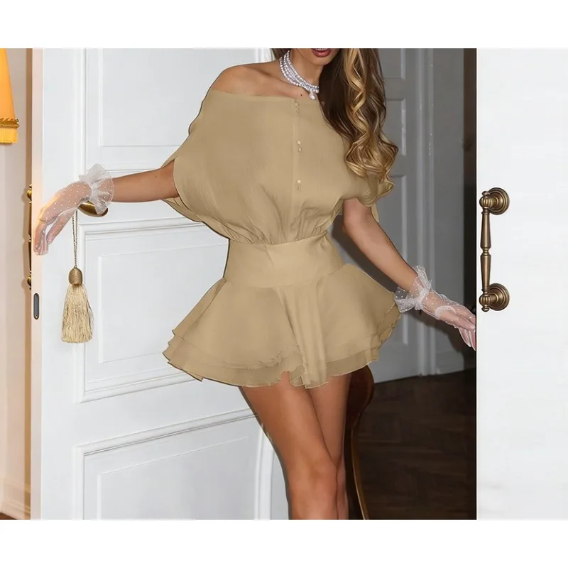 2026 New Hepburn Style Fashion Casual Suit Slim-fitting Off-the-shoulder Short-sleeved Top A-shaped Skirt Short Skirt