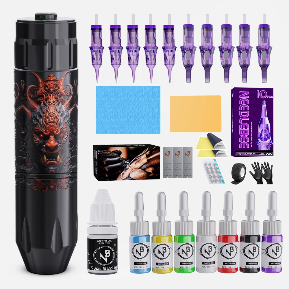 

Комплект машинки для татуировки, высококачественный беспроводной комплект тату-машины, встроенный источник питания большой емкости 1500 мАч и высококачественный японский бесщеточный двигатель, хорошо как пигменты, бумага для переноса и т. д., принадлежнос