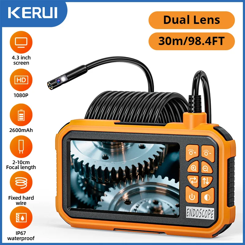 KERUI 4.3 بوصة IPS شاشة المنظار 8 مللي متر واحد مزدوج ثلاثي التركيز التلقائي كاميرا HD 1080P IP67 مقاوم للماء Borescope لإصلاح الأنابيب سيارة