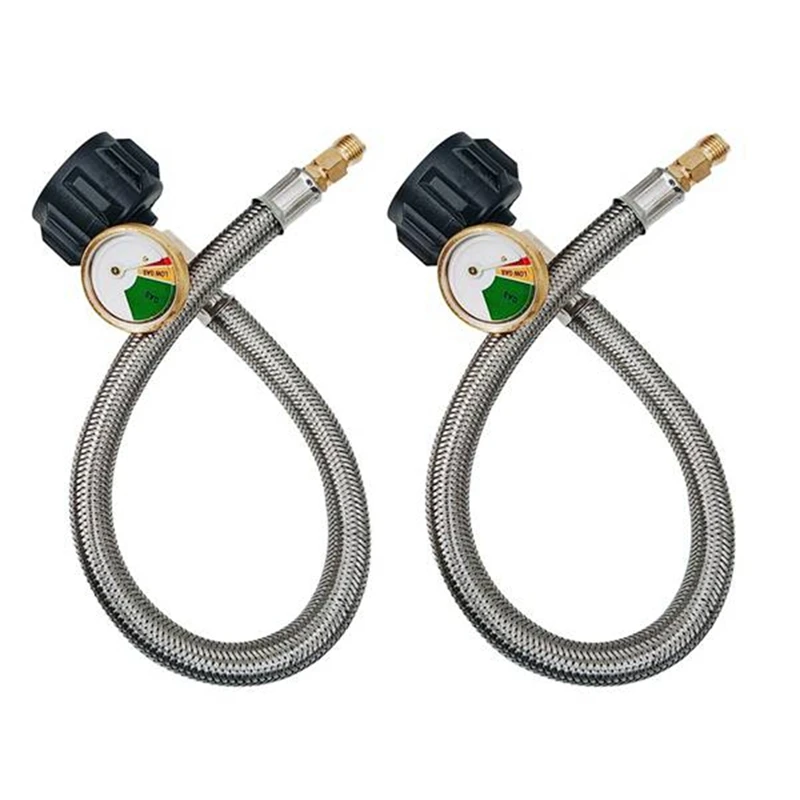 2Pc Braided RV Regulator Propane Hose Connector 18Inch Silver Stainless Steel With 1/4Inch Male NPT Gauge QCC Type 1 Connection