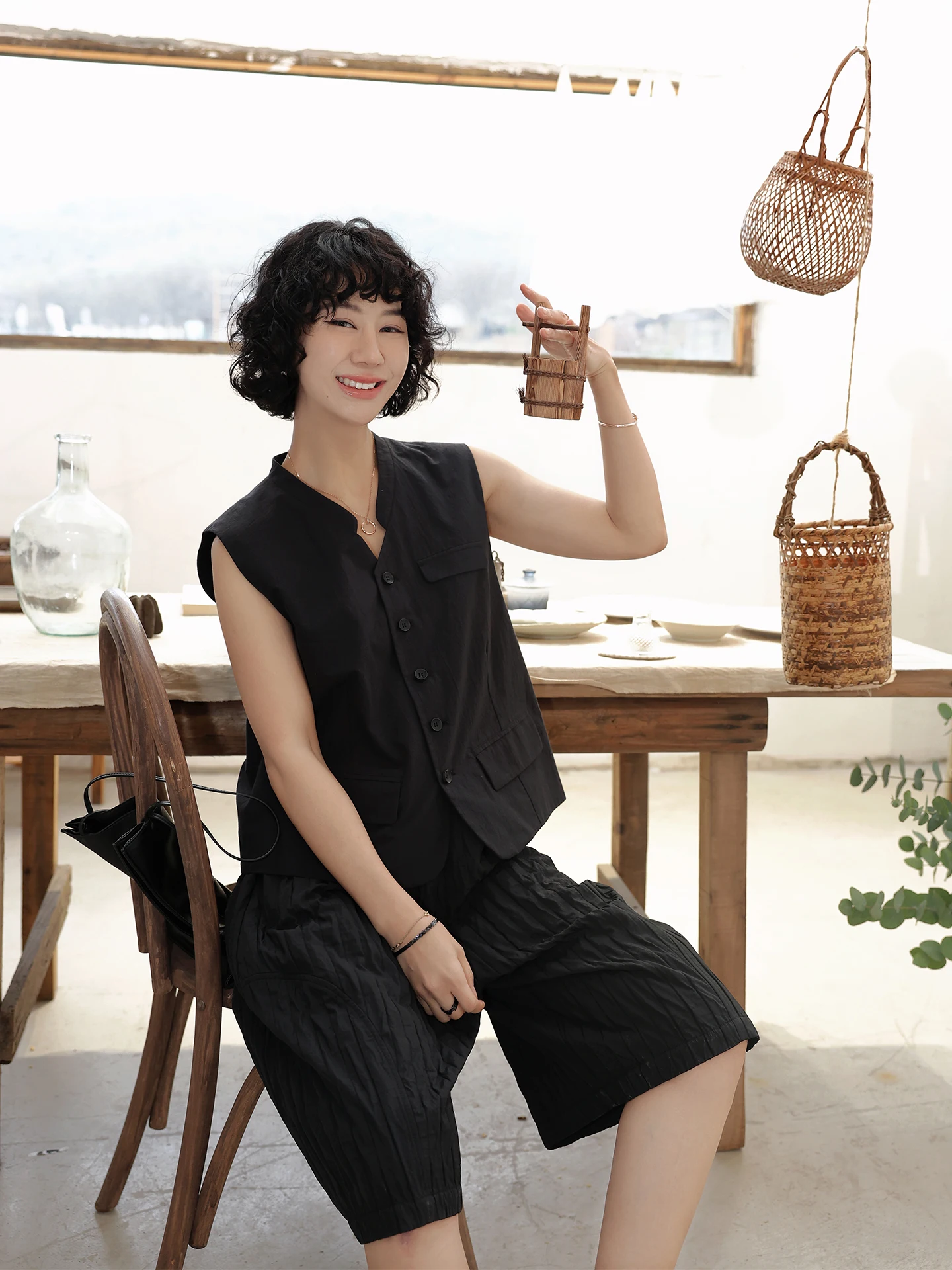 

TT Moke Chen Повседневный хлопковый жилет с V-образным вырезом, весенняя новинка, модный, для многослойных образов, прямого кроя, на одной пуговице