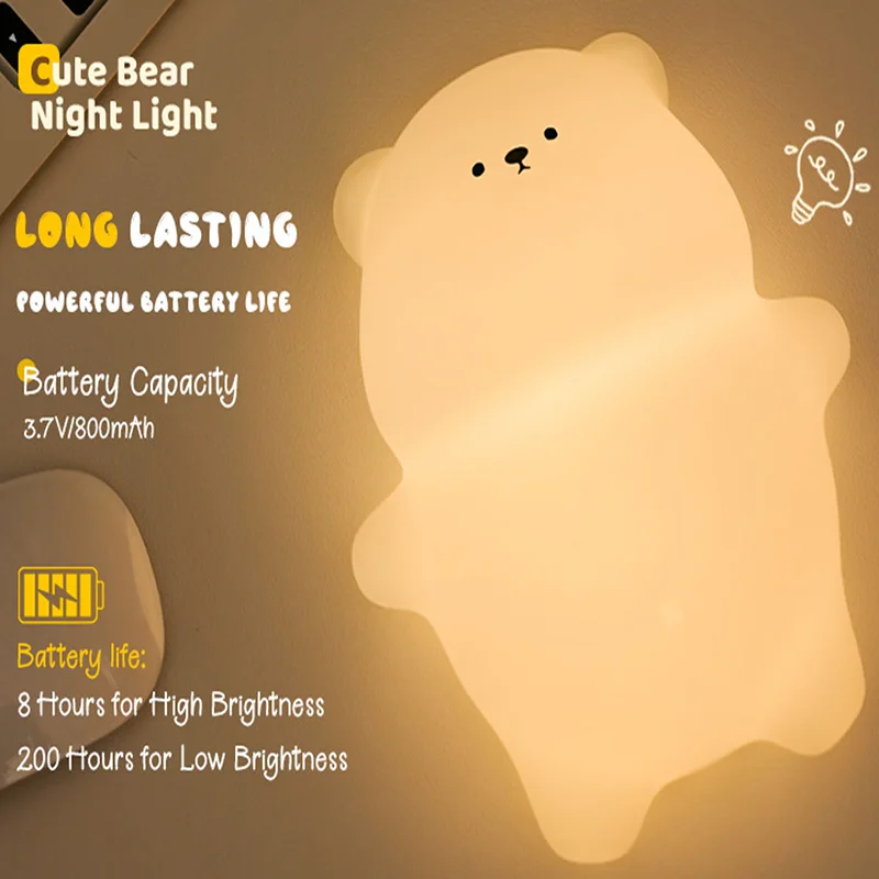 Cute Bear Night Light Silicone Nursery Sleeping Lamp Touch Control Nightlights USB Rechargeable Table Lamp for Baby Child