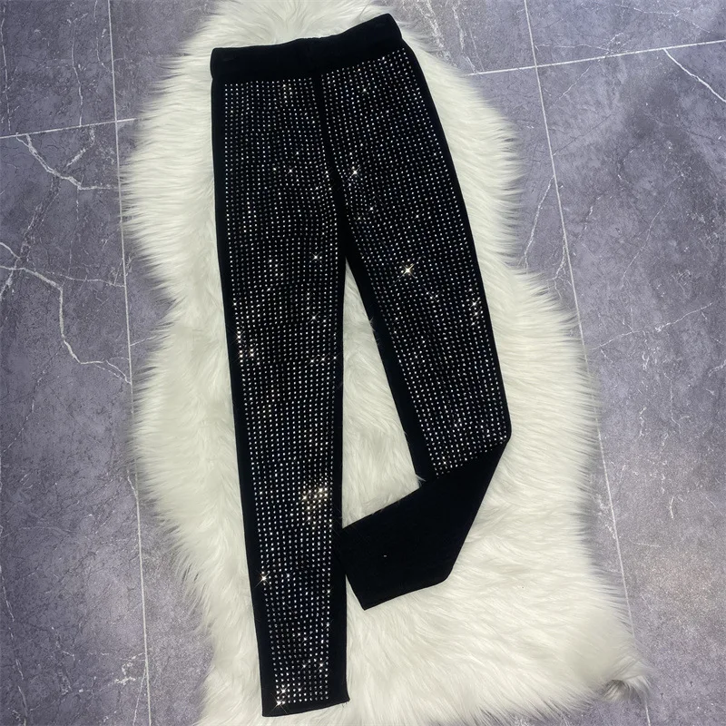 Full Diamond Knited Leggings Women Skinny Slimming Knited Trousers Candy Color Casual Streetwear Sports Pants 2024 Spring Autumn