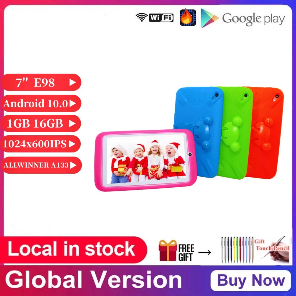 7'' Android 10.0 E98 Tablet Quad-Core 1GB RAM 16GB ROM Allwinner A133 Google Play 1024*600IPS Kids Tablets PC+Silicone Case