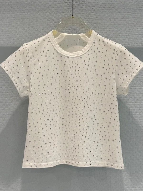 Fashionable Short Sleeve round Neck Diamond T-Shirt Women's Versatile Heavy Duty Heat Set Diamond Design Casual Style Top