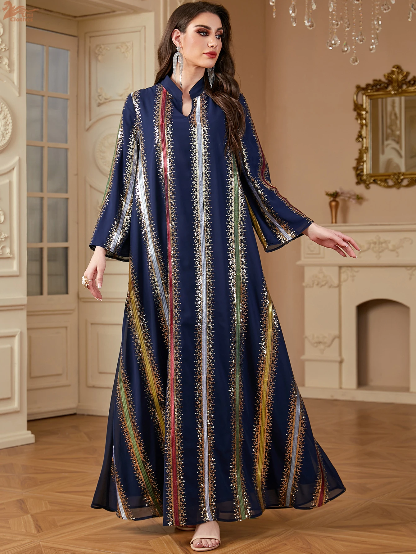 Uni Ramadan Dubai Embroidery Sequins abaya Stripe Loose Kaftan Muslim Elegant Women Evening Dress
