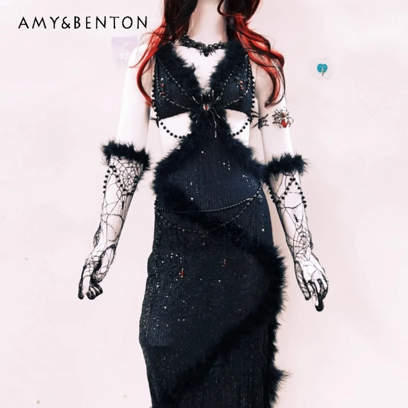 

Gothic Dark Beaded Chain Sexy Hairy Edge Women's Long Dress 2025 New Design High-end Classical Halloween Evening Gown Set Ladies