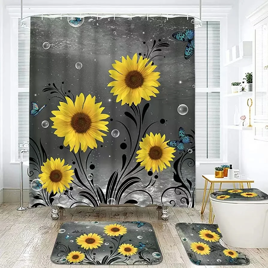 Ensemble de rideaux de douche en tournesol, avec tapis, couvercle de toilette, tapis de bain, papillon bleu, antidérapant, décor de salle de bain, 4 pièces