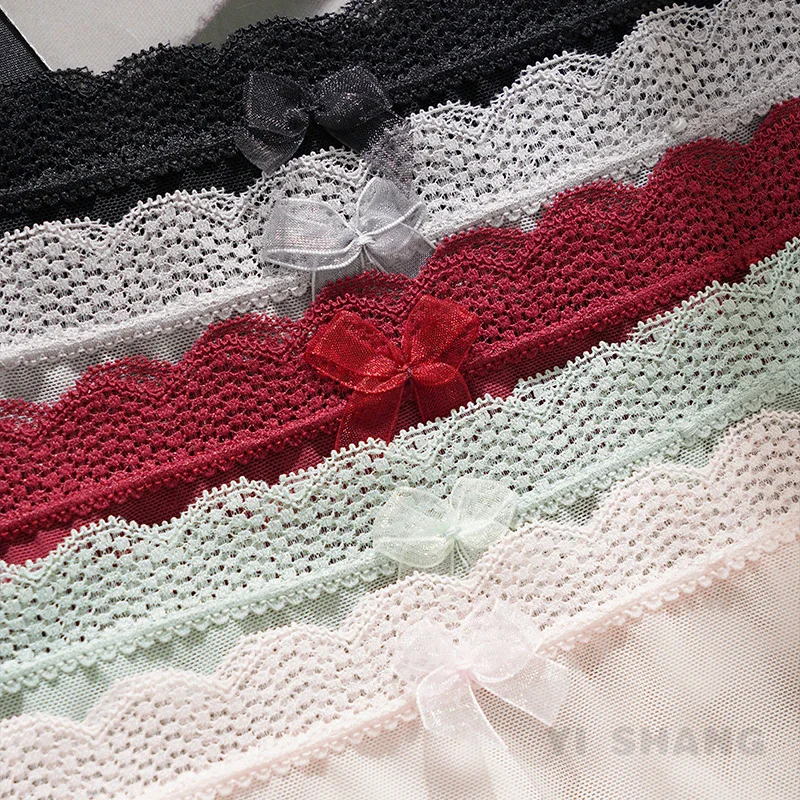 Women sexy lace net yarn thin briefs girls bow hollow out transparent low-rise seamless underpants image 5