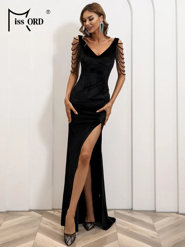 Missord Black Velvet Wedding Party Dress Women Elegant V Neck Sleeveless Tassel Thigh Split Prom Evening Dresses Formal Gown