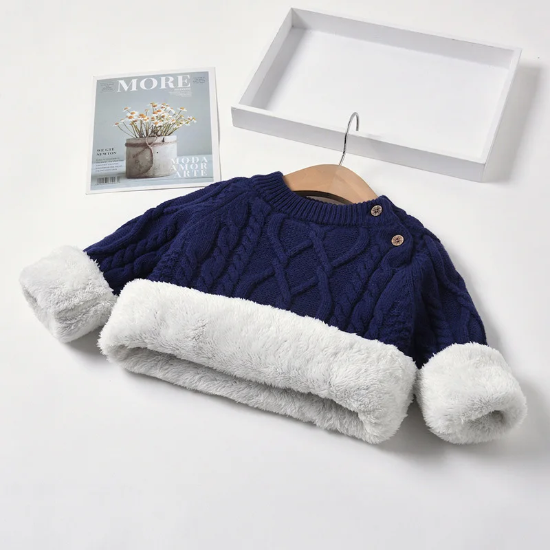 Autumn Winter Kids Sweater Baby Girls Boys Plush Thicken Warm Knitted Pullover Sweater Baby Girls Boys Sweater Children Clothing