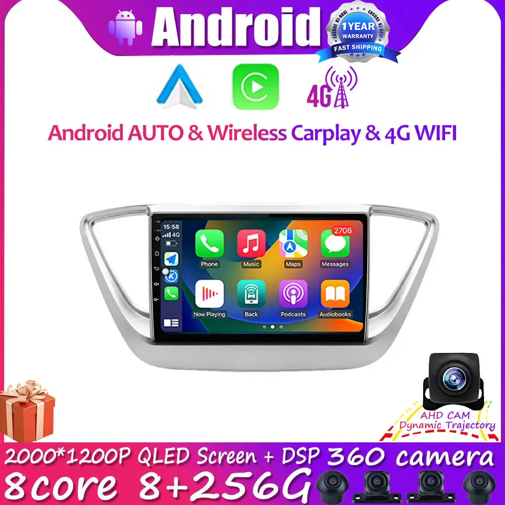 

9" Android 14 Car Radio Multimedia Video Player For Hyundai Solaris Verna 2016-2020 Carplay Autoraido GPS Navigation BT WIFI SWC