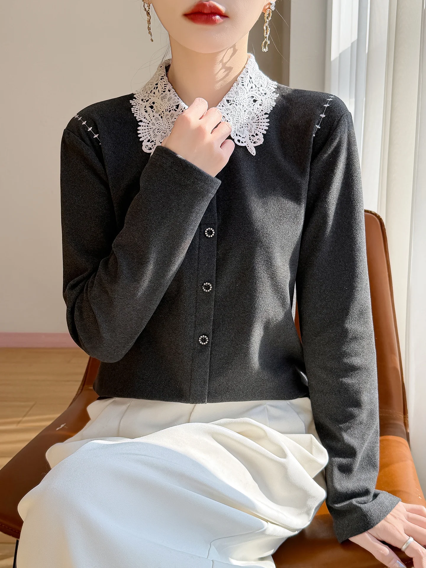 Autumn Winter Chic New 2025 Women's Base irt German Velvet Lace Collar Open Cardigan Inner Wear Layering irt Commute Sle