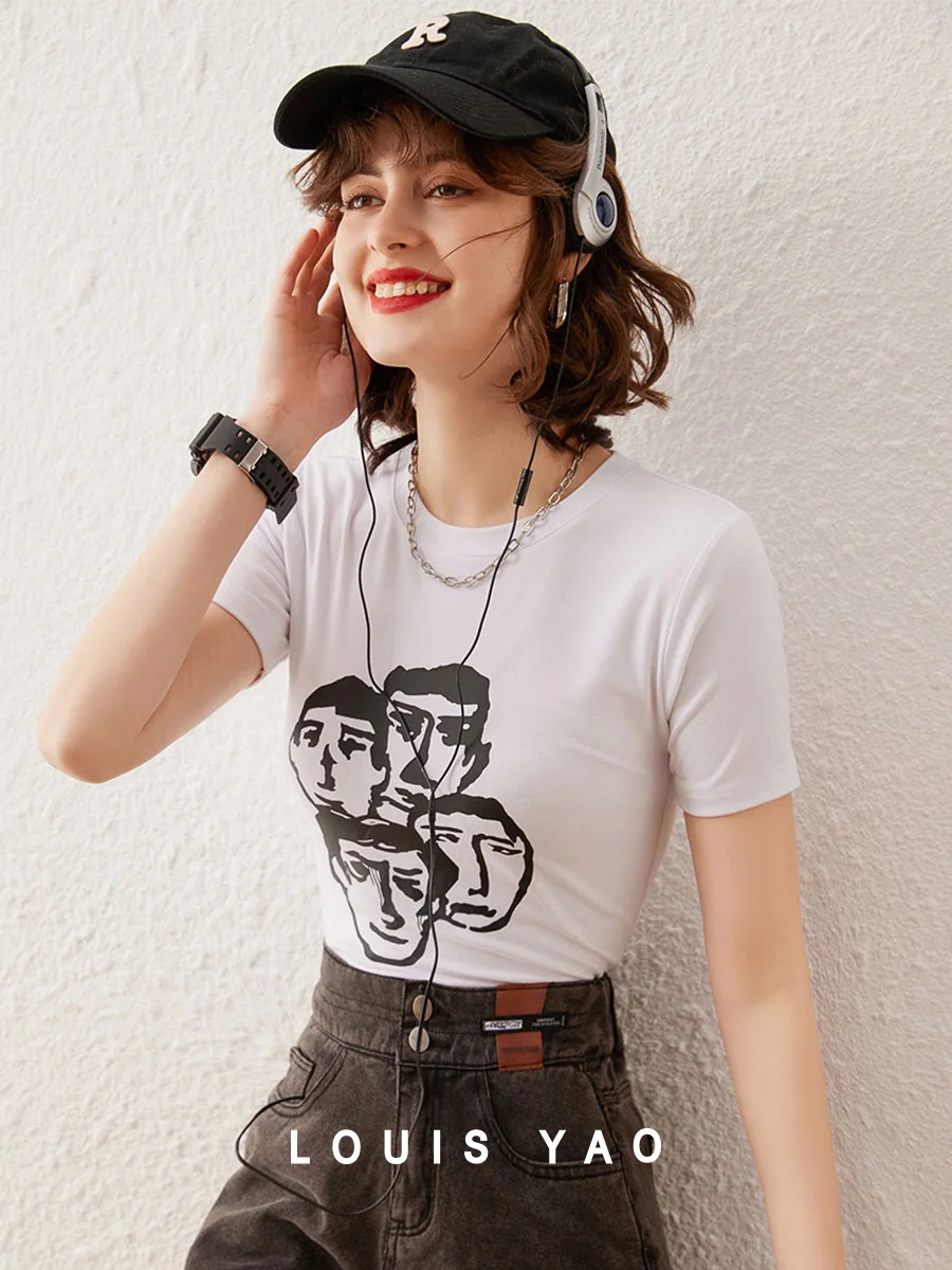 

LOUIS YAO 2025 Summer Fashionable Face Pattern Printed T-shirt Casual Versatile Round Neck Slim Short Sleeve Women's T-shirt