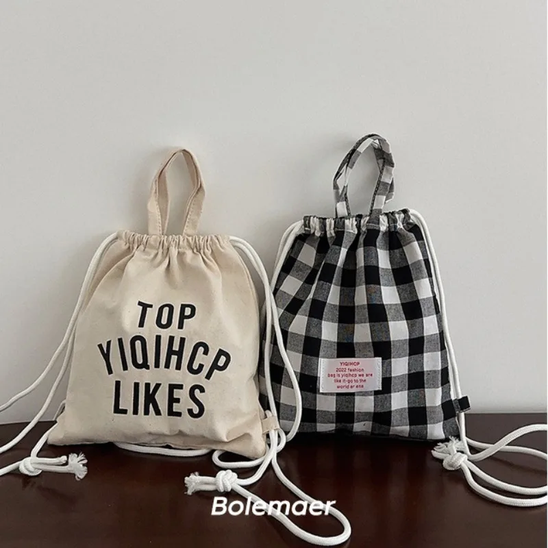 1 Pc Canvas School Bag Double Shoulder Drawstring Backpack Drawstring Pocket Portable Casual Backpack Children's Travel Backpack