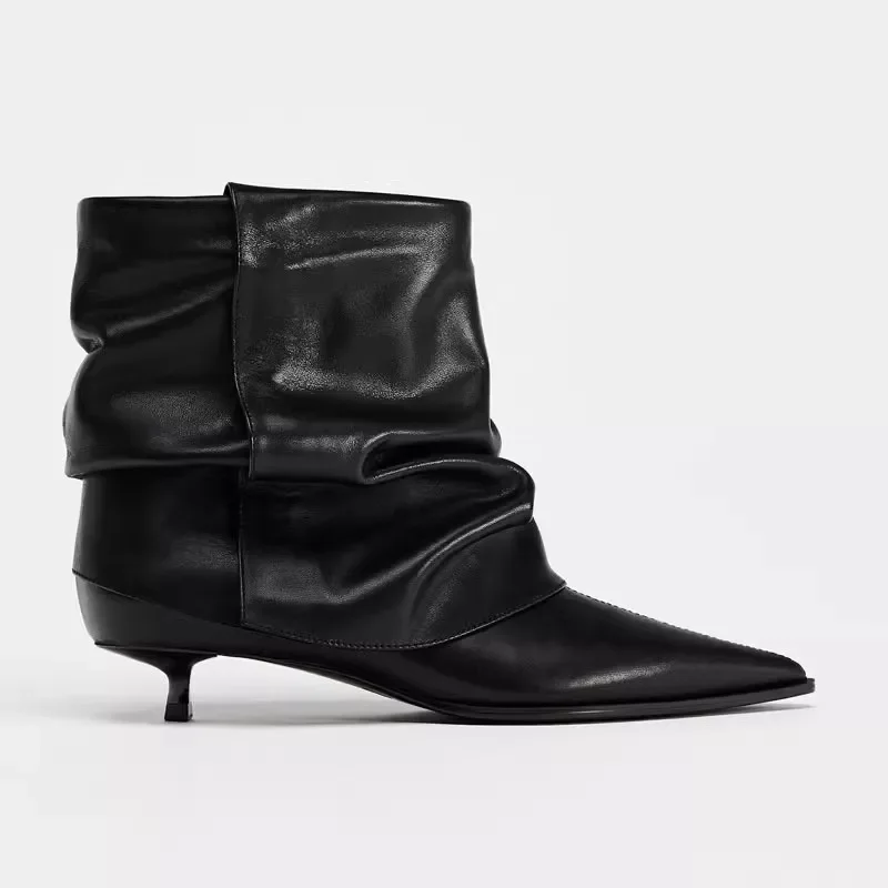 Leder-Designer-Damenstiefel mit Kitten-Heel, Schwarz, Sexy Spitze, Hohe Absätze, Kurze Stiefel, Damen-Winterstiefel mit Falten, Damen-Knöchelstiefel – Detail 15