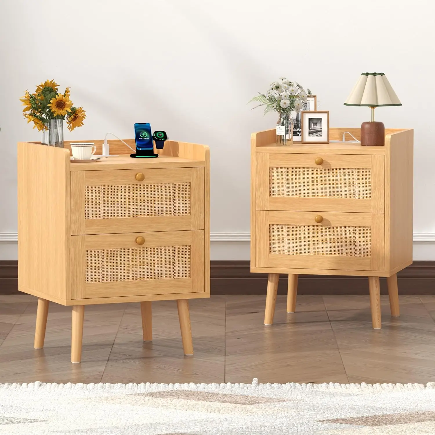 Rattan Nightstand Set of 2 with Charging Station, Boho Bedside Table with Drawer and Shelf, Farmhouse End Table for Bedroom