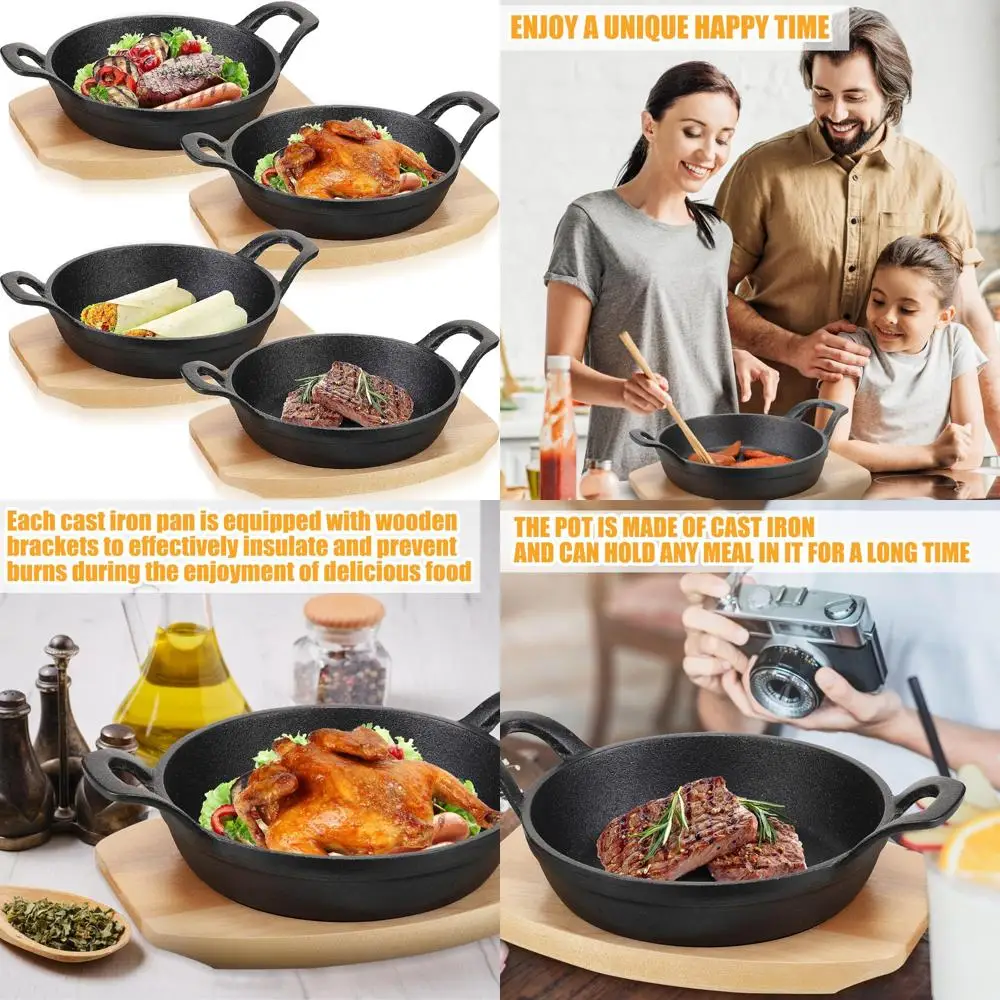 

Mini Cast Iron Skillets Set - Small Round Fajita Plates with Wooden Base for Baking and Cooking