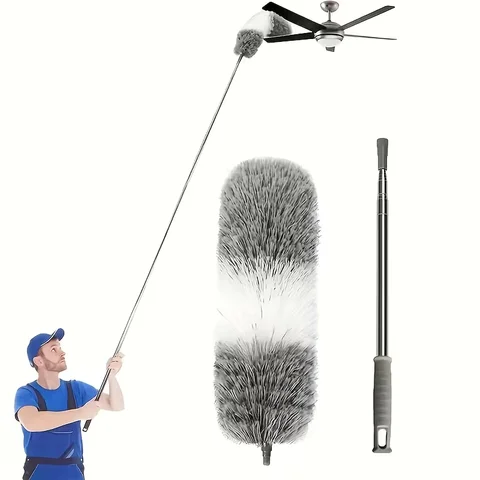 112" Extendable Duster with Stainless Steel Telescopic Pole - Heavy-Duty Adjustable Length, Multi-Angle Bending, Flexible Duster