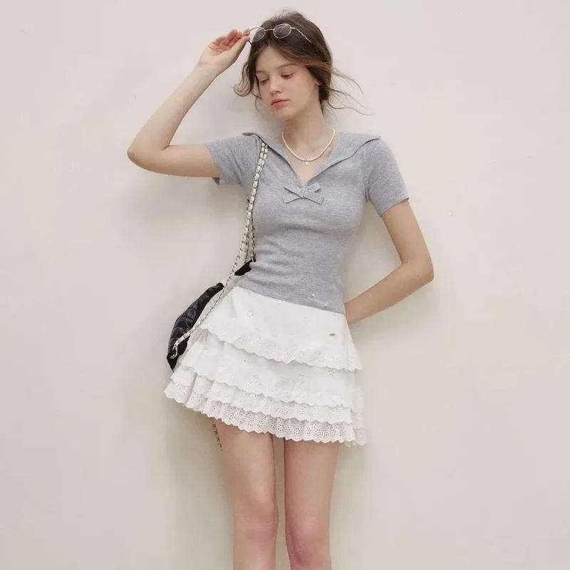 Women's Grey Bow Detail Sailor Collar Knit Top - White Eyelet Lace Ruffle Mini Skirt Two Piece Set for Coquette Aesthetic
