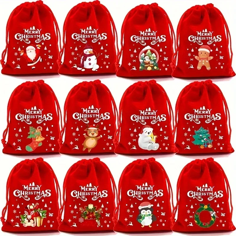 

12pcs Christmas Velvet Drawstring Gift Bag Cartoon Pattern Canvas Bags for Party Gifts Wedding Birthday Halloween Thanksgiving