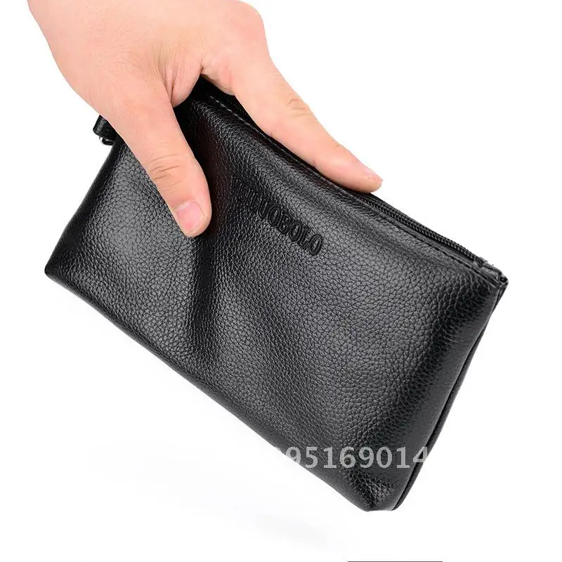 

Men's Solid Color Soft Leather Hand Bag Single Pull Multi-Functional Mobile Phone Wallet Wholesale Waterproof Business Trip