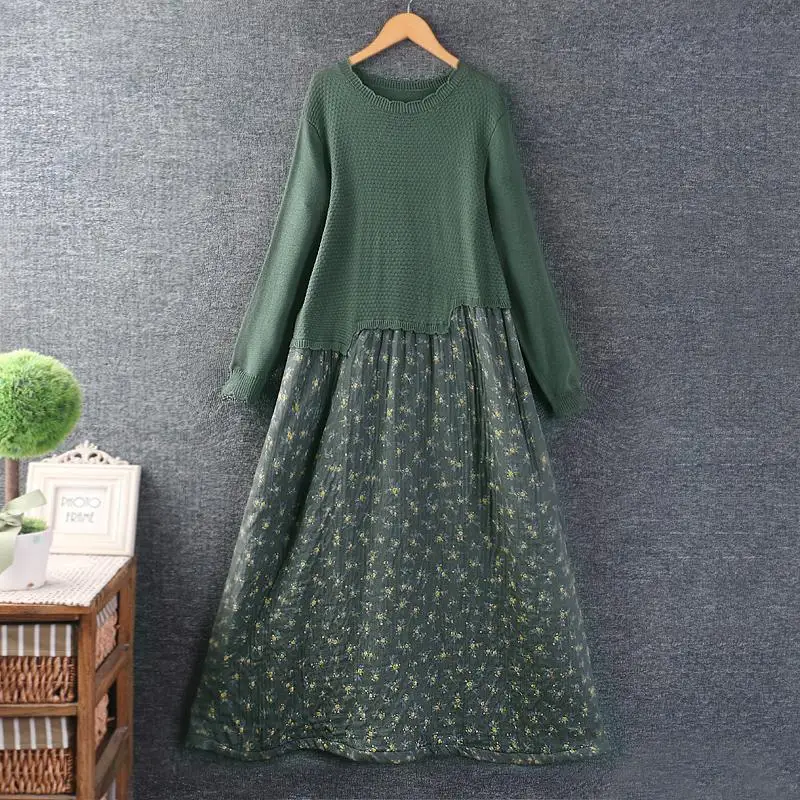 Autumn New Sweet Knitting Patchwork Floral Dress Women Round Neck Long Sleeve Midi Dress XYF1003