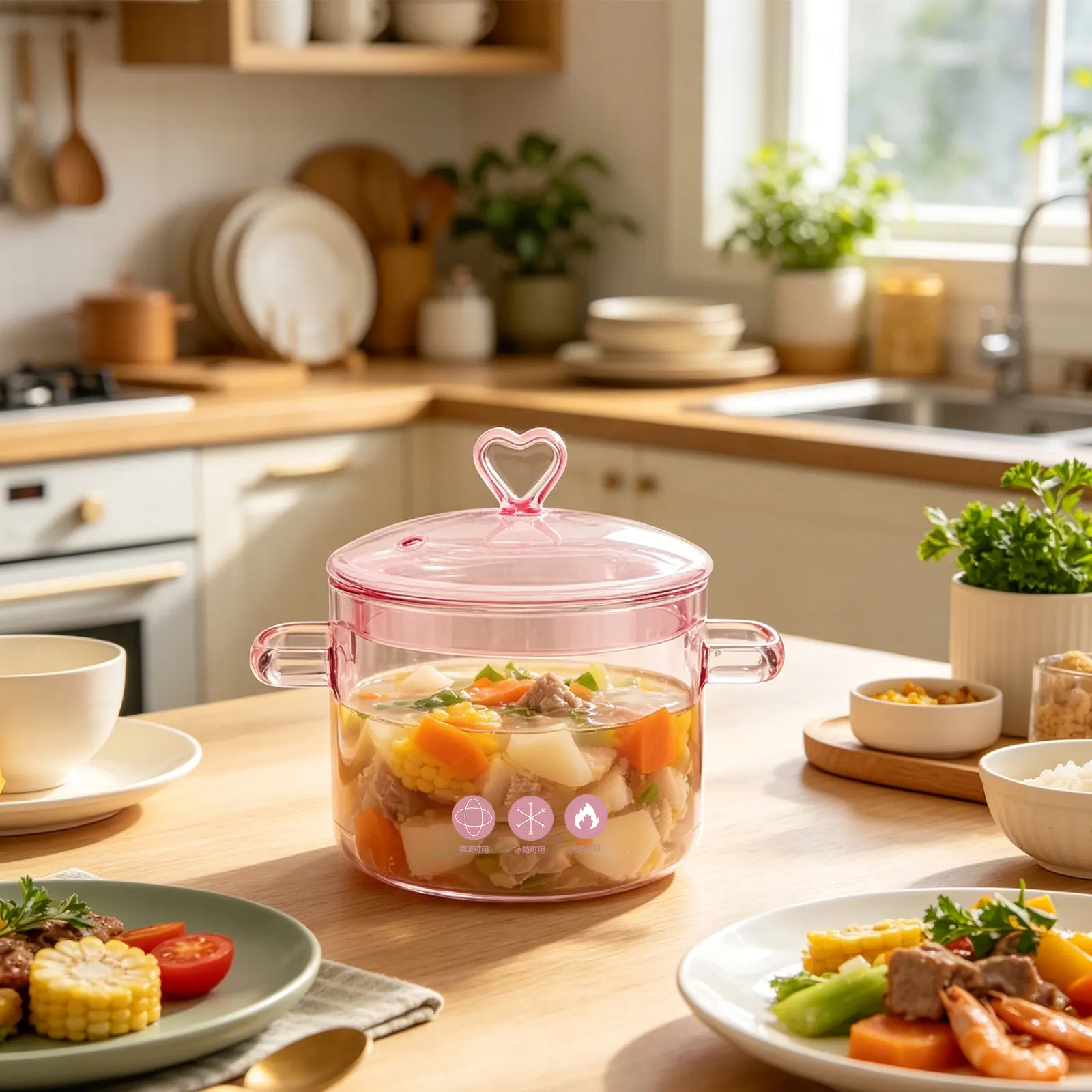 Glass Cooking Pot Heart-Shaped Lid 1700Ml Clear Simmer Soup Stew Pot Heat Resistant Dual Handles Saucepan Gas Electric Stove