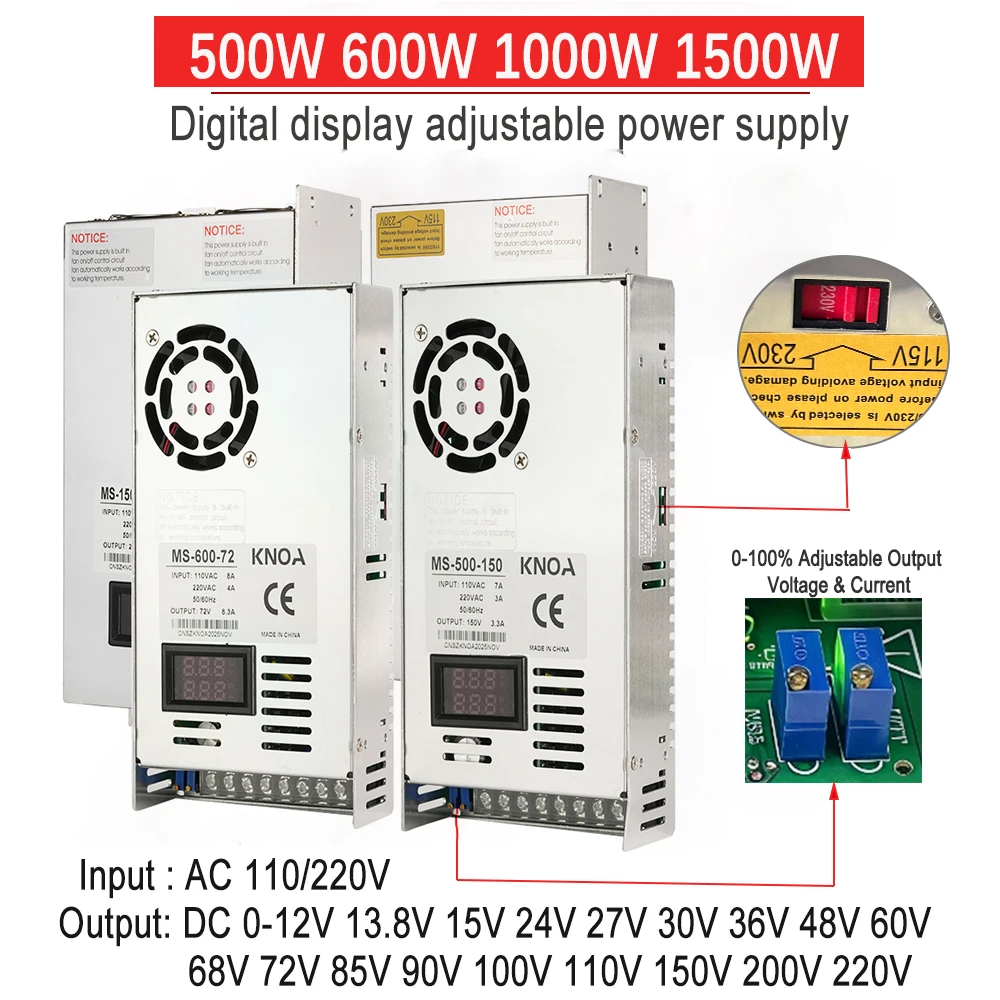 

500W 600W 1000W 1500W Adjustable Digital Display Power Supply 0-12V 13.8V 15V24V36V48V60V 72V 85V 110V 220V CC CV AC To DC SMPS