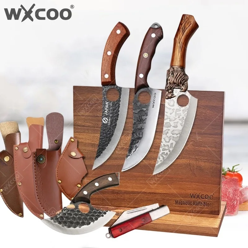 WXCOO Stainless Steel Meat Cleaver Effortless Slicing Butcher Knife with Cover Hand Forged Kitchen Knife for Beef Pork Lamb