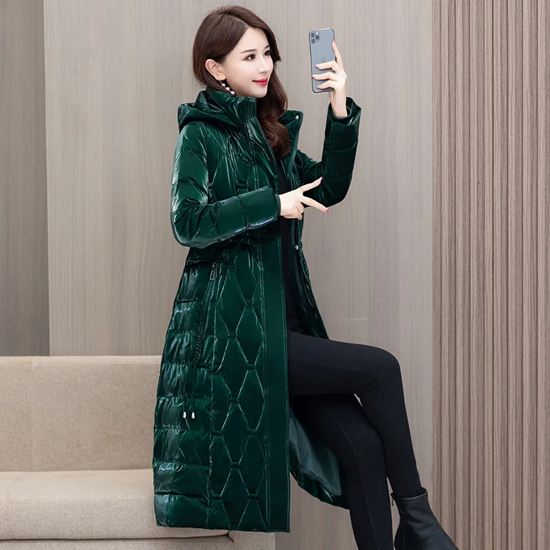 

Glossy Long Down Cotton Jacket for Women Winter New Hooded Puffer Bread Coat Parkas Female Overcoat