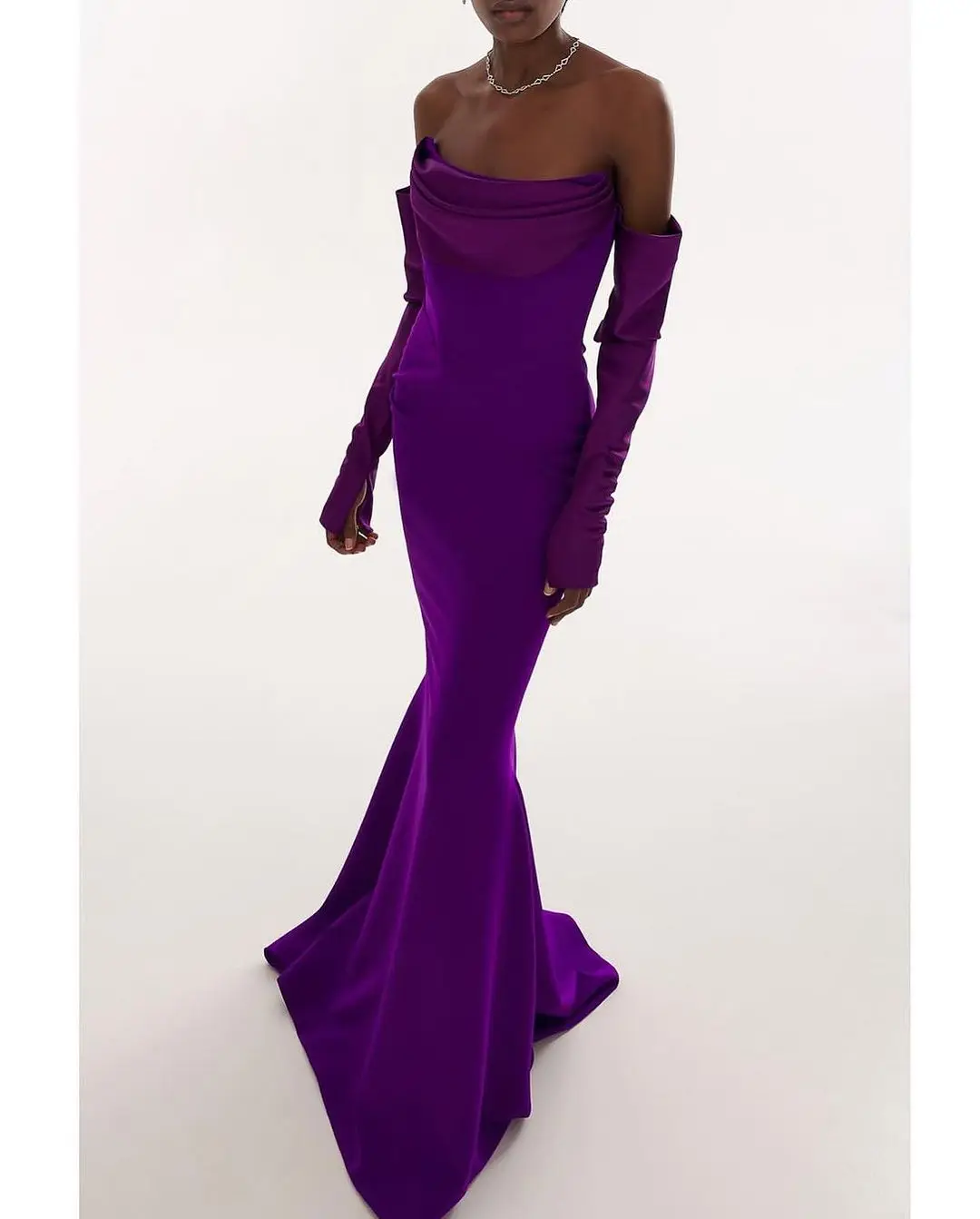 Scoggins Purple Mermaid Strapless Chiffon Zipper Up Evening Dresses Long Sleeves Vestidos De Festa Elegant Party Dresses