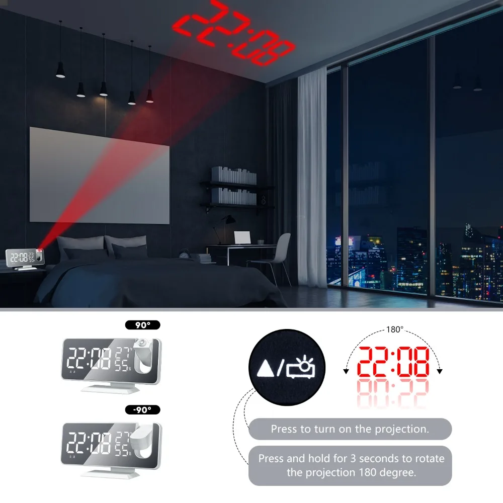LED Digital Smart Alarm Clock 180 Time Projector Mirror Display FM Radio Temperature Humidity Electronic Desktop Wake Up Snooze