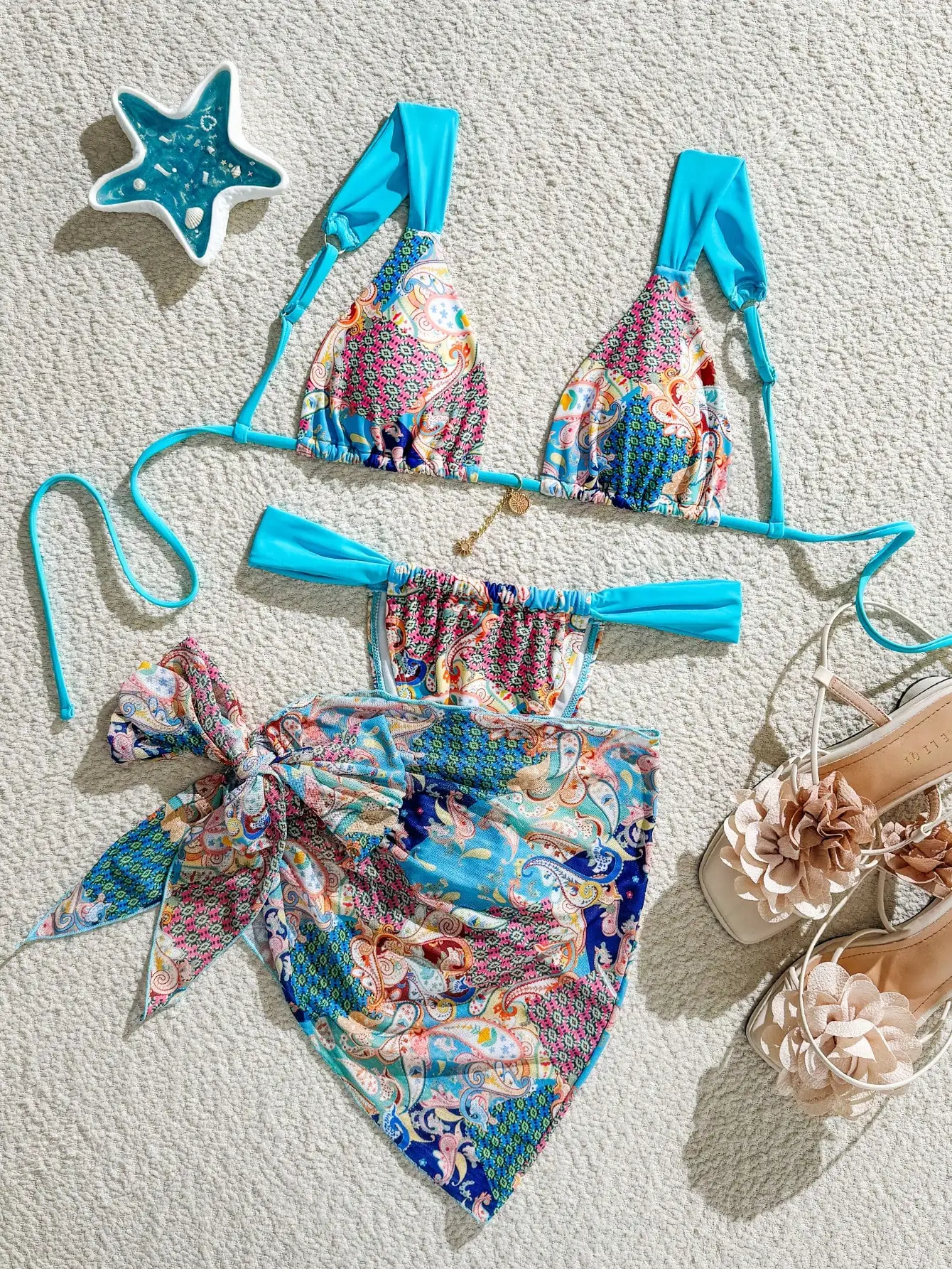

Vibrant Paisley Pattern Light Blue Thick-Strap Triangle Bikini With Matching Sarong Skirt 3-Piece Beach Holiday Swimwear Set