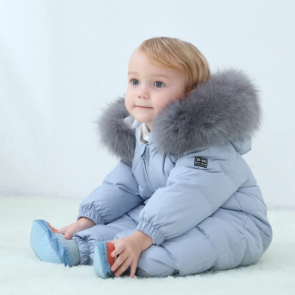

30 Degree Russian Winter Kids Jumpsuits Real Fox Fur Plus Velvet Newborn Overalls Infant Little Boy Warm Romper Snowsuits