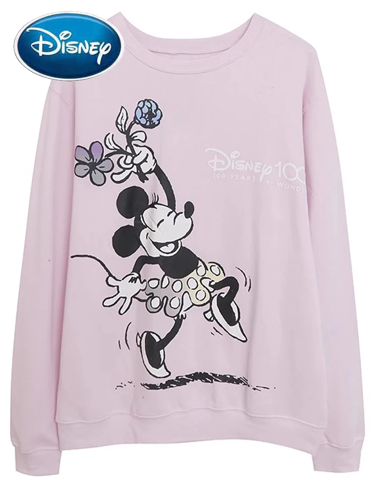 

Disney 100th Anniversary Sweatshirt Minnie Mouse Cartoon Print Casual Women O-Neck Pullover Long Sleeve Fleece Jumper Pink Tops