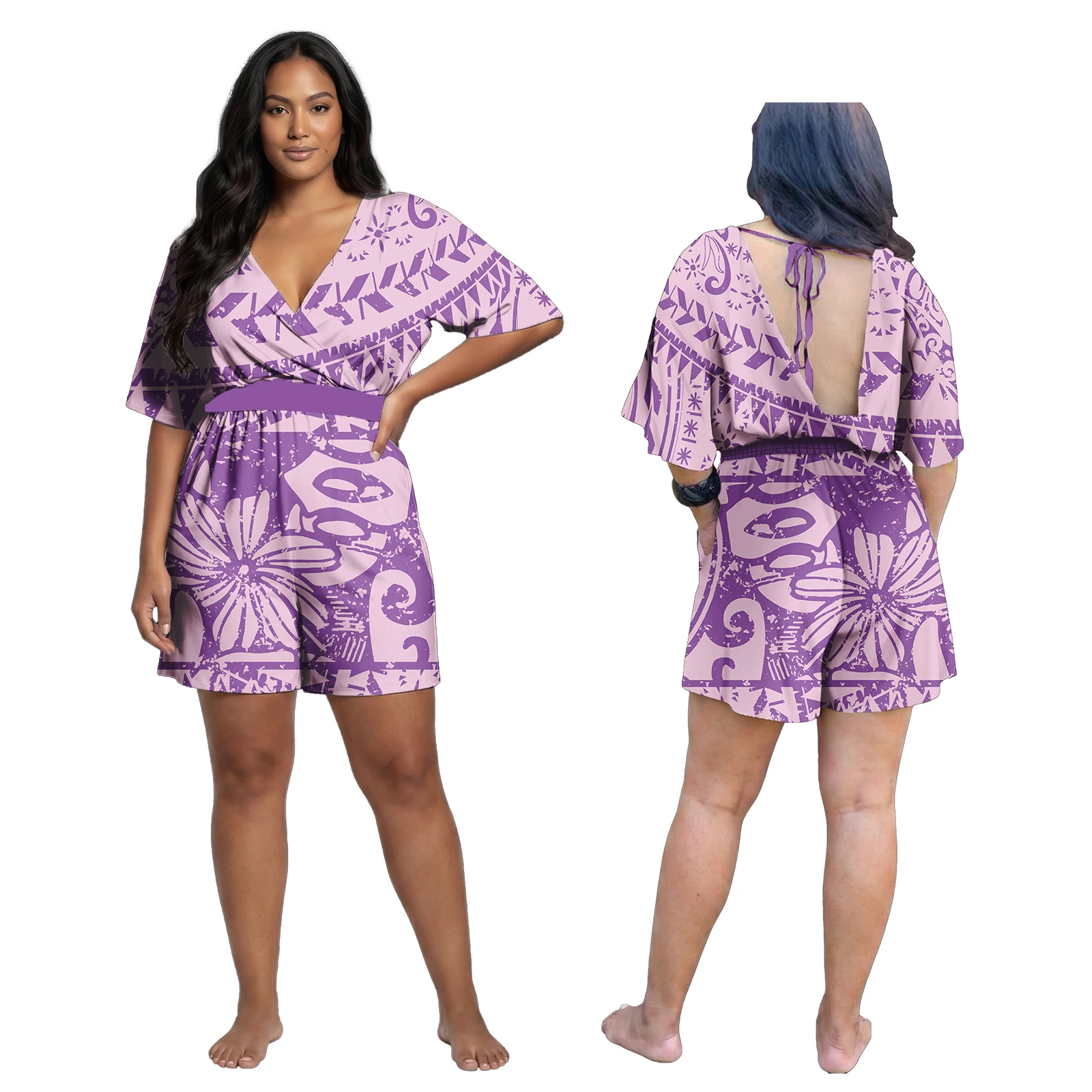 Custom Women Sexy Jumpsuits Polynesian Fashion Playsuits Samoan V-Neck Ladies Clothes Hawaiian Romper Flowers Print Shorts Set