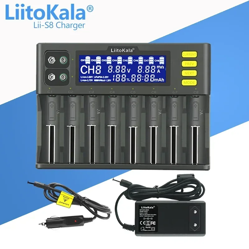 LiitoKala Lii-S8 Lii-S12 LCD Battery Charger for Li-ion LiFePO4 Ni-MH Ni-Cd 9V 21700 20700 26650 18350 18650 RCR123 18700