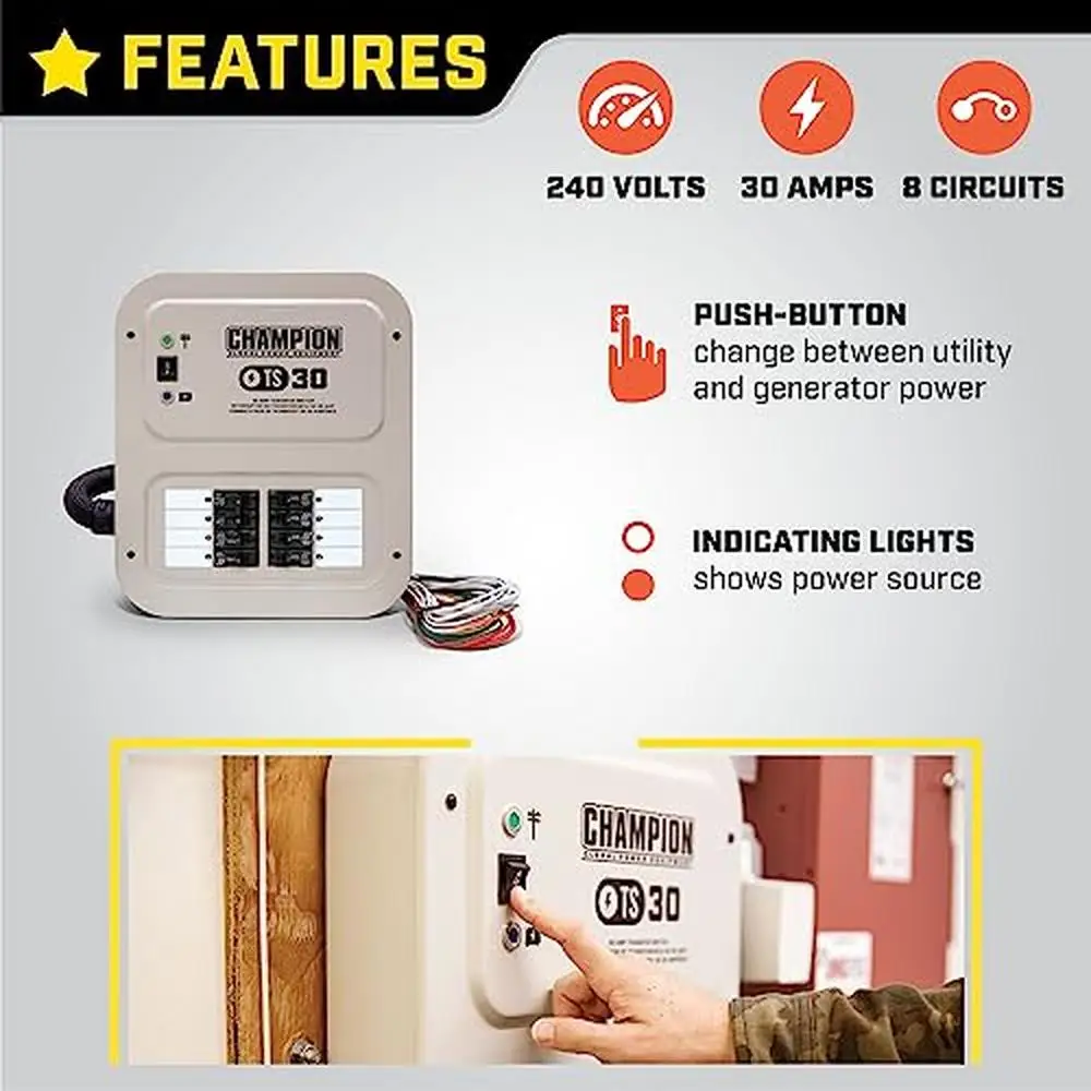 30A Manual Transfer Switch with 25ft Cord & Weather-Resistant Inlet Box Powers 8 Circuits Indoor UL Certified Fast Installation