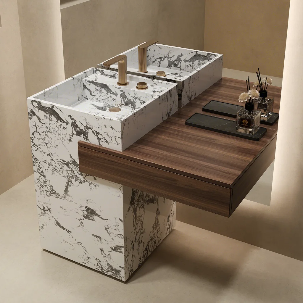 Luxury Sintered Stone  Bathroom Vanity Cabinet with Integrated Sink Mirror Modern Waterproof Vanity Set for Hotel Villa