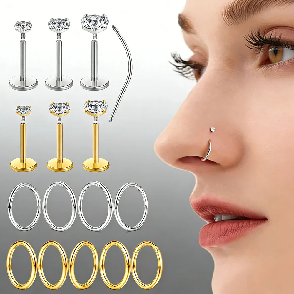 7PCS/13PCS A Set Flat Back Earrings for Women Men 16G Stainless Steel Nose Studs Hoops Rings Internal Thread CZ Studs Piercing