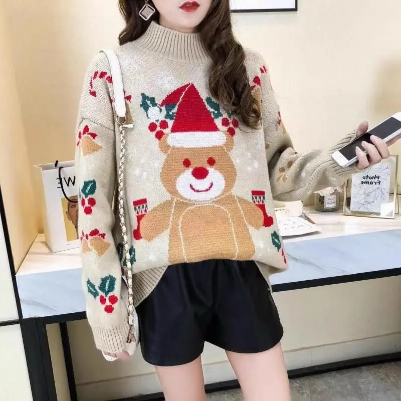Christmas Red Cartoon Pattern Sweater Female Spring Autumn Turtleneck Knitting Bottoming Shirt Loose All-match O-neck Top Tee