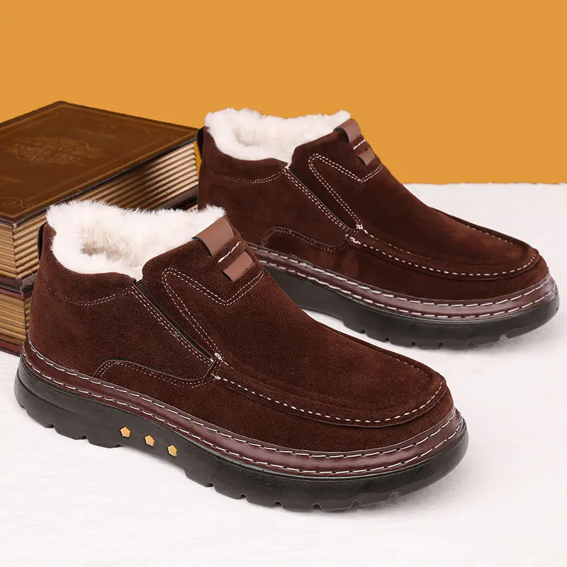 

Men's Winter Fleece Thickened Cotton Boots High Top Genuine Leather Slip Resistant Soft Sole Snow Boots Korean Fashion Design